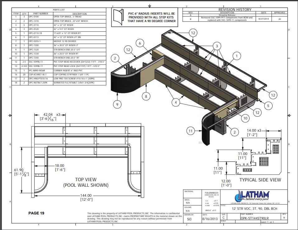 12' Straight Step Polymer 90 Deg. 3-Tread 6" Radius w/ Double Bench